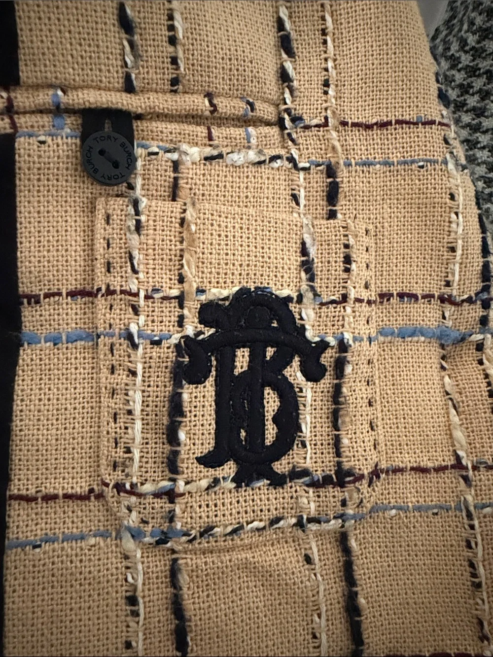 Tory Burch Beige Plaid Tweed Blazer with Navy Accents